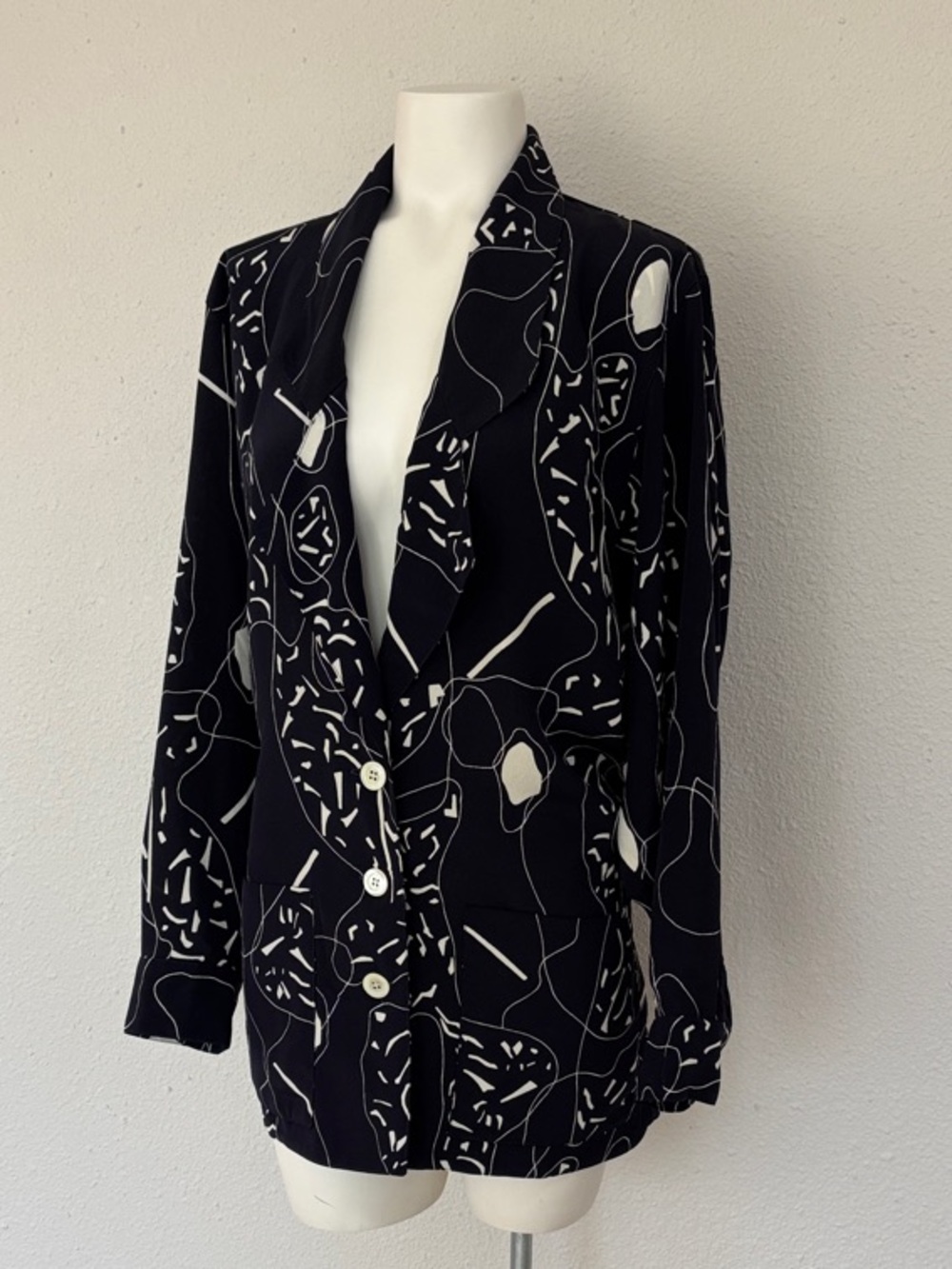 VTG 90s Navy Blue & White Abstract Pattern Women's Blazer